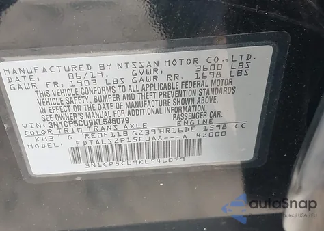 2019 Nissan Kicks Sv z USA, uszkodzony, nr VIN 3N1CP5CU9KL546079